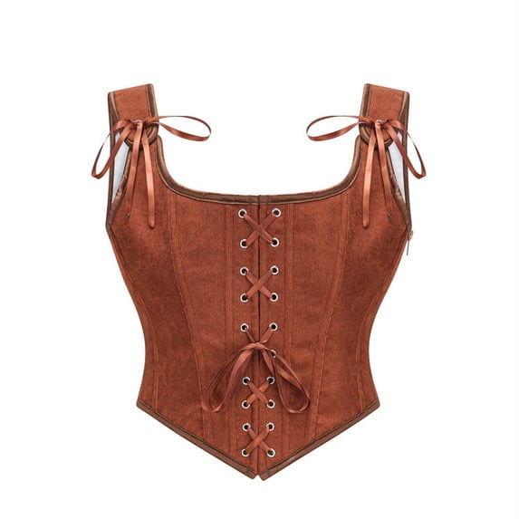 BRGZLK Women Renaissance Corset Tops Trendy Tie Ribbon Shoulder Front Lace Up Overbust Bustier Solid Color Medieval Overbust Corset for Cosplay Halloween Brown S