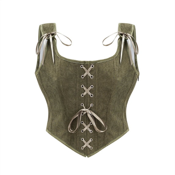 BRGZLK Women Renaissance Corset Tops Trendy Tie Ribbon Shoulder Front Lace Up Overbust Bustier Solid Color Medieval Overbust Corset for Cosplay Halloween Green XS