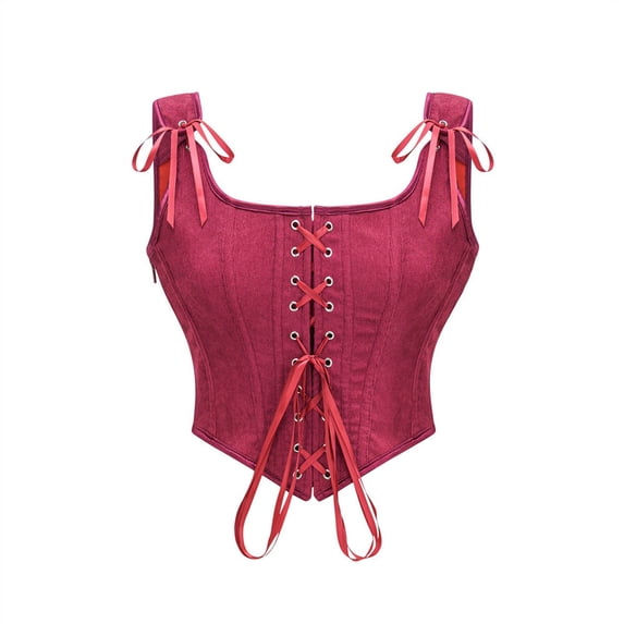BRGZLK Women Renaissance Corset Tops Trendy Tie Ribbon Shoulder Front Lace Up Overbust Bustier Solid Color Medieval Overbust Corset for Cosplay Halloween Wine XL