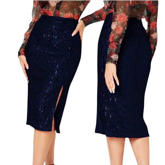 BRGZLK Women Sequin Skirt Summer Fashion Sparkly High Waist Slit Glitter Bodycon Pencil Skirt for Night Out Party Dark Blue XXL