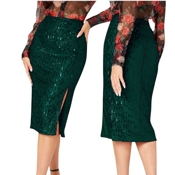 BRGZLK Women Sequin Skirt Summer Fashion Sparkly High Waist Slit Glitter Bodycon Pencil Skirt for Night Out Party Green M