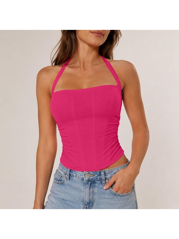 Women Sexy Halter Boned Corset Renaissance Square Neck Lace UpSlim Fit Tube Tops Sleeveless Crop Top Night Out Concert Halloween Cosplay Costume Hot Pink L