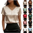 thumbnail image 1 of BRGZLK Women Short Sleeve Satin Tops Summer Fashion Solid Color Elegant V Neck Pearl Decoration Button Down Shirts Casual Work Offices Blouses, 1 of 6