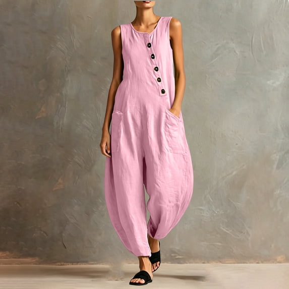 BRGZLK Women Sleeveless Jumpsuits Casual Dressy Button Crewneck Solid Color Lightweight Comfy Wide Leg Pants Rompers with Pockets Loose Breathable Vacation Outfits Pink 2XL