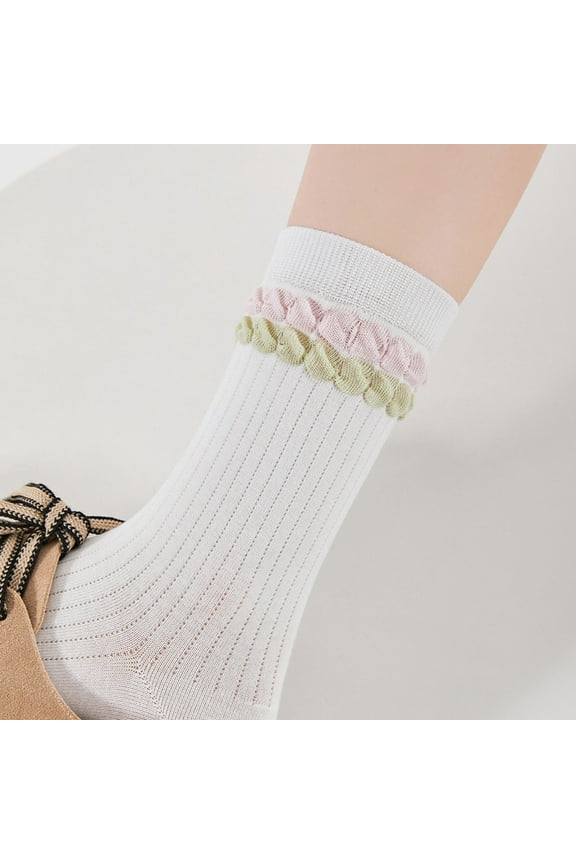 Women Socks Color Blocking Double Layer Bubble Mouth Thin Stack Socks Spring Summer Breathable Ankle Cotton Socks Mid Tube Socks White One Size