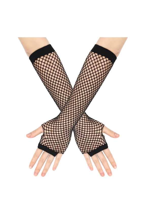 Women Solid Color Fine Fishnet Elastic Hollow Out Long Gloves Festival Dress Fashion Decoration Accessories Black One Size