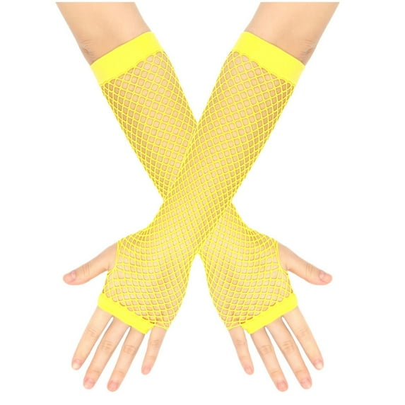 BRGZLK Women Solid Color Fine Fishnet Elastic Hollow Out Long Gloves Festival Dress Fashion Decoration Accessories Yellow One Size