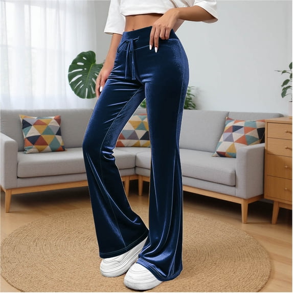 BRGZLK Women Solid Color Velvet Trumpet Pants Vintage Loose Trendy Elastic Waist Loose Wide Leg Sports Casual Cozy Long Pants Streetwear Trousers Blue S