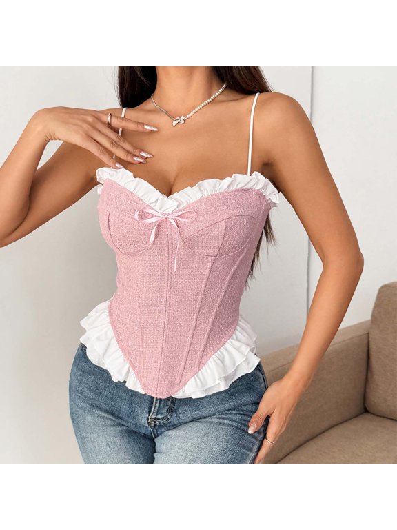 Women Strapless Corset Top Elegant Solid Color Tummy Control Lace Hemline Slim Boned Bustier for Party Night Club Wear Pink L