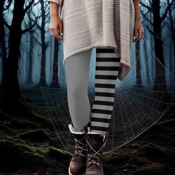 BRGZLK Women Striped Leggings Pants Fashion Elastic Waist Pull-On Stretch Casual Comfort Yoga Pants Christmas Halloween Parties Costume Workout Gym Trousers Gray L