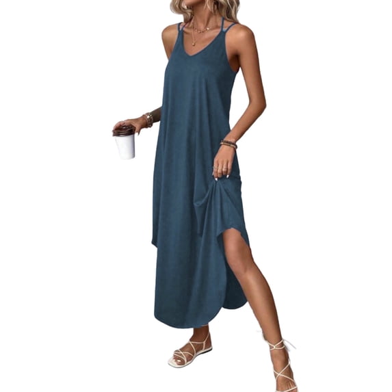 BRGZLK Women Summer Dresses Scoop Neck Boho Casual Solid Color Halter V-Neck Spaghetti Strap Asymmetric Hem Maxi Dress Beach Vacation Outfits Navy L