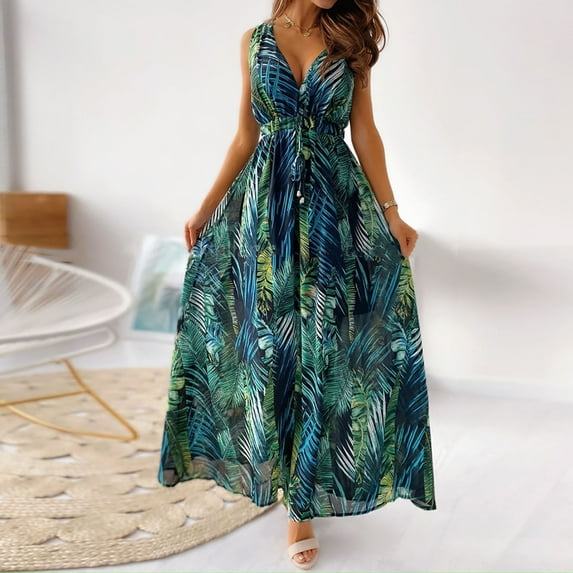 BRGZLK Women Summer Maxi Dress 2026 Novel V Neck Sleeveless Boho Sundresses Elegant Flowy Ruched Hawaiian Beach Sundress Green M