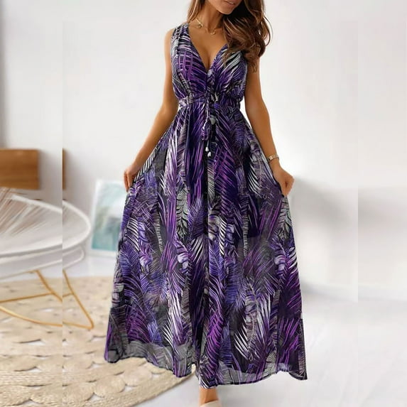 BRGZLK Women Summer Maxi Dress 2026 Novel V Neck Sleeveless Boho Sundresses Elegant Flowy Ruched Hawaiian Beach Sundress Purple M