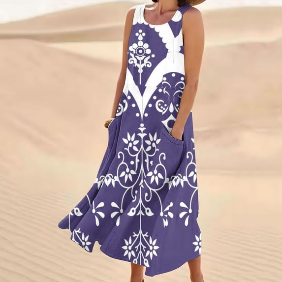 BRGZLK Women Summer Maxi Dresses Sleeveless Round Neck Boho Print Long Dress with Pocket 2026 Beach Vacation Clothes Dark Blue S