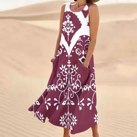 BRGZLK Women Summer Maxi Dresses Sleeveless Round Neck Boho Print Long Dress with Pocket 2026 Beach Vacation Clothes Wine XL