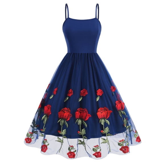 BRGZLK Women Summer Straps Tulle Dress Trendy Mesh Rose Embroidery Retro Cocktail Hepburn Style Formal Evening Party Gown Blue XXL
