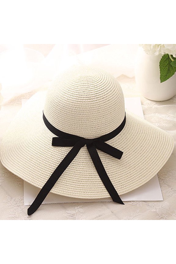 Women Sun Straw Hat 2026 Summer Trendy Wide Brim Foldable Beach Hats UV 50+ Protection Cute Bowknot Cap for Going Out White F