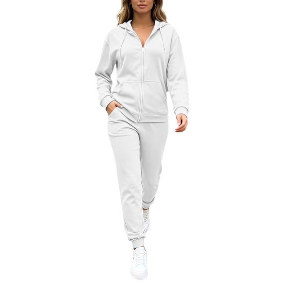 BRGZLK Women Sweat Sets 2 Piece Outfit Long Sleeve Zip Up Hoodie and Jogger Sweatpants Set Soft Comfy Breathable Tracksuit Fall Fashion Tracksuits with Pockets White L