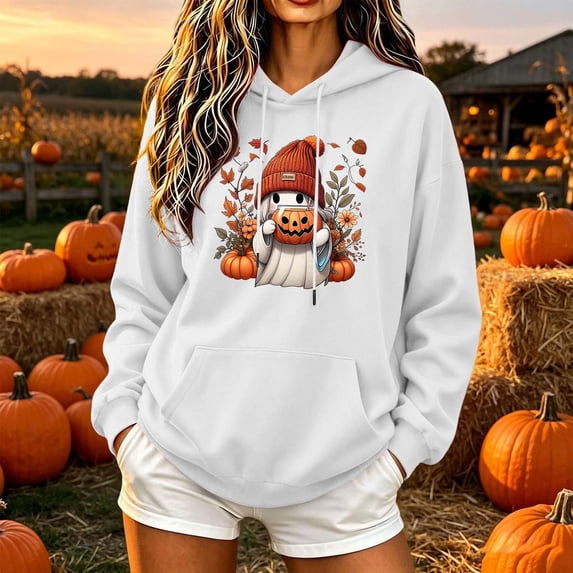 BRGZLK Women Sweatshirt for Halloween Funny Pumpkin Graphic Long Sleeve Hoodies Fall Winter Casual Comfort Pullover Tops with Pockets Party Daily Festival Wear White A 2XL