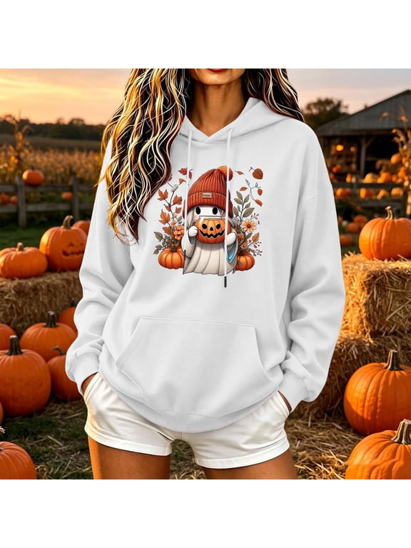 Women Sweatshirt for Halloween Funny Pumpkin Graphic Long Sleeve Hoodies Fall Winter Casual Comfort Pullover Tops with Pockets Party Daily Festival Wear White A 2XL