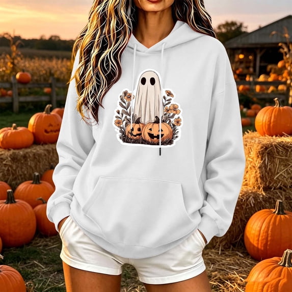 BRGZLK Women Sweatshirt for Halloween Funny Pumpkin Graphic Long Sleeve Hoodies Fall Winter Casual Comfort Pullover Tops with Pockets Party Daily Festival Wear White B S