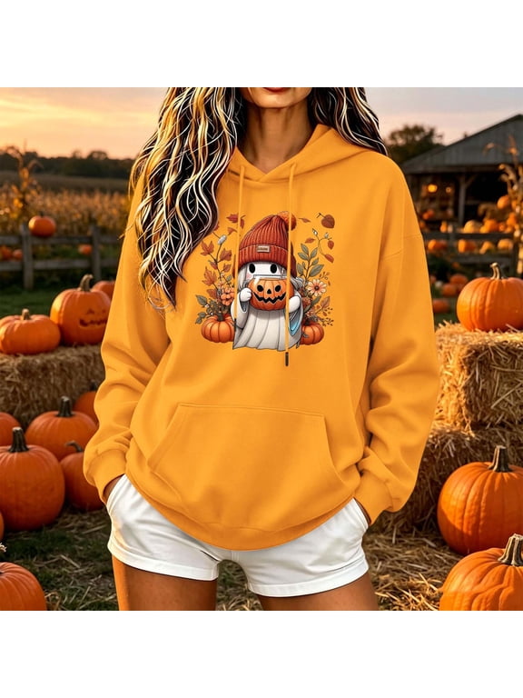 Women Sweatshirt for Halloween Funny Pumpkin Graphic Long Sleeve Hoodies Fall Winter Casual Comfort Pullover Tops with Pockets Party Daily Festival Wear Orange A L