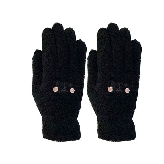 BRGZLK Women Thermal Gloves Winter Fleece Lined Cute Thickened Solid Color Warm Medium Long Knitting Plush Gloves Black One Size