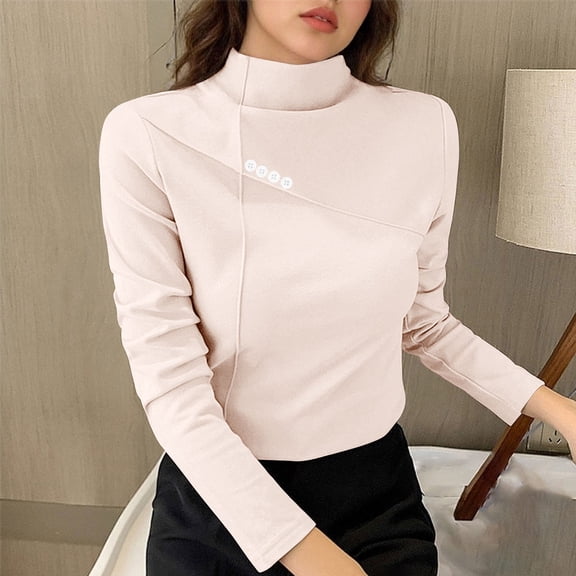 BRGZLK Women Tops Fashion Solid Color Long Sleeve Double Sided Modal Half High Collar Comfort Thermal Base Layer Tops Pink XXL