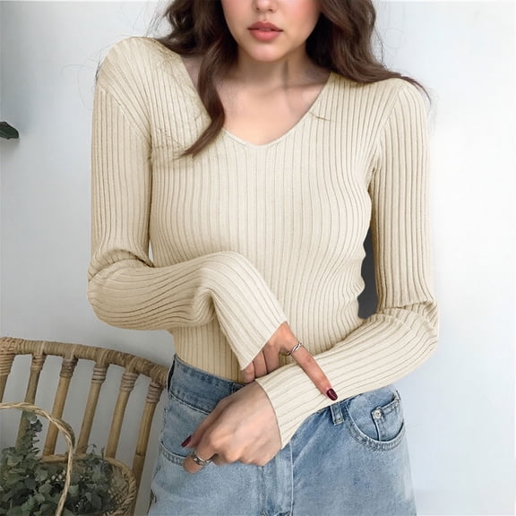 BRGZLK Women V Neck Sweaters Solid Color Long Sleeve Tight Elastic Comfy Soft Pullover Sweater Knitting Shirt Beige Free Size