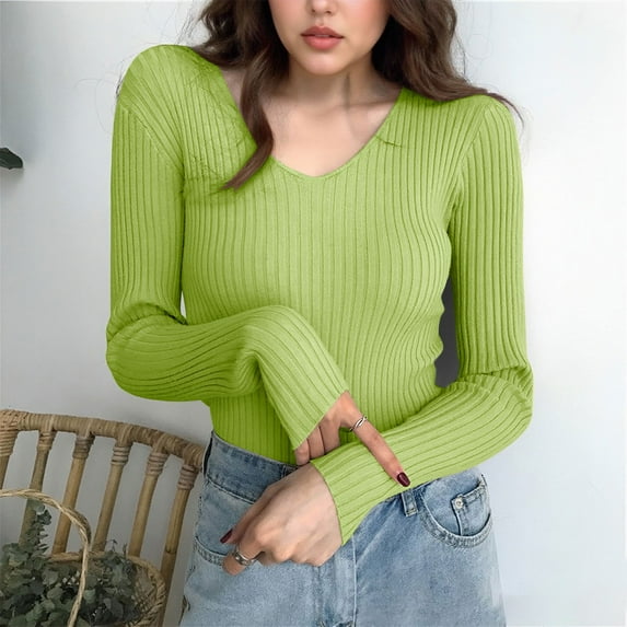 BRGZLK Women V Neck Sweaters Solid Color Long Sleeve Tight Elastic Comfy Soft Pullover Sweater Knitting Shirt Green Free Size