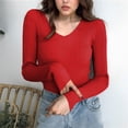 thumbnail image 1 of BRGZLK Women V Neck Sweaters Solid Color Long Sleeve Tight Elastic Comfy Soft Pullover Sweater Knitting Shirt Red Free Size, 1 of 5