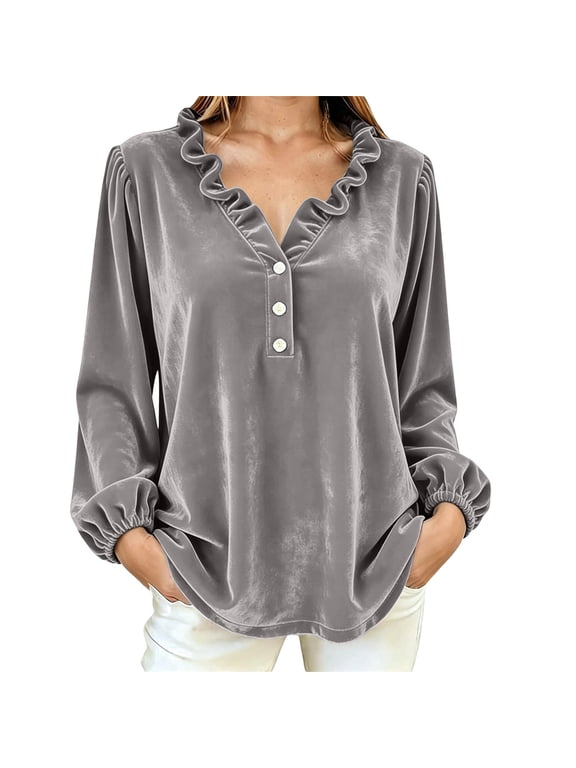 Women Velvet Tops Trendy Solid Color Ruffle V Neck Button Puff Long Sleeve Pullovers Soft Comfort Warm Blouse Daily Going Out Business Office Gray M