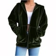 thumbnail image 1 of BRGZLK Women Velvet Zip Up Hoodie Tops Fashion Comfort Long Sleeve Hooded Sweatshirt Tops Fall Winter Solid Color Velour Y2K Jacket with Pockets Ladies Outerwear Army Green L, 1 of 6