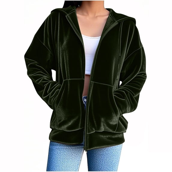 BRGZLK Women Velvet Zip Up Hoodie Tops Fashion Comfort Long Sleeve Hooded Sweatshirt Tops Fall Winter Solid Color Velour Y2K Jacket with Pockets Ladies Outerwear Army Green L