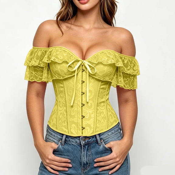 BRGZLK Women Vintage Bustier Top Off The Shoulder Floral Print Corset Shaping Top Lace Neck Lace Up Back Waist Training Overbust Corset for Renaissance Fair, Gothic, Steampunk Yellow S