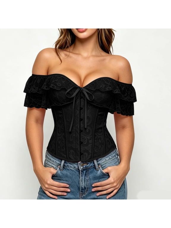 Women Vintage Bustier Top Off The Shoulder Floral Print Corset Shaping Top Lace Neck Lace Up Back Waist Training Overbust Corset for Renaissance Fair, Gothic, Steampunk Black M