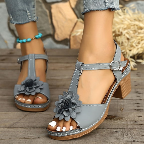 BRGZLK Women Wedge Sandals Summer2026 Comfortable Low Heel Dressy Shoes Beach Vacation Platform Cut-Out Floral Ankle Strap Casual Sandals Gray 6