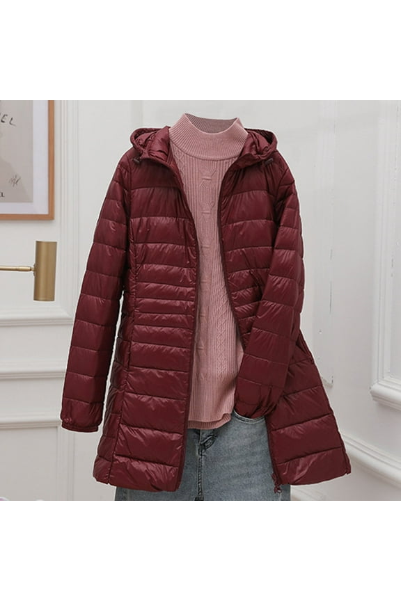 Women Windproof Quilted Coat with Pockets Warm Removable Hooded Plain Jacket Loose Causal Long Sleeves Winter Coat Outerwear Extra Large Size White Duck Down Warm Jacket for Outgoing Holiday