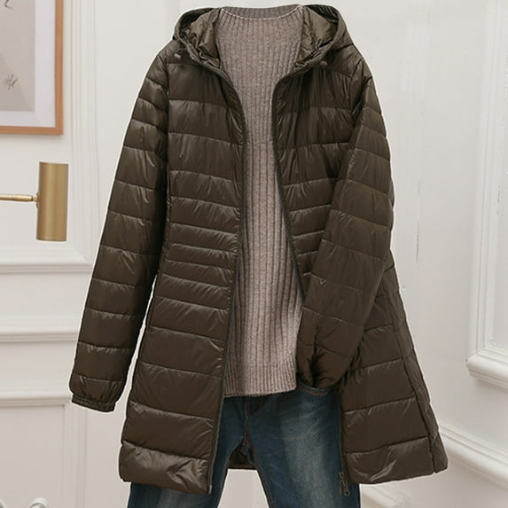 BRGZLK Women Windproof Quilted Coat with Pockets Warm Removable Hooded Plain Jacket Loose Causal Long Sleeves Winter Coat Outerwear Extra Large Size White Duck Down Warm Jacket for Outgoing Holiday