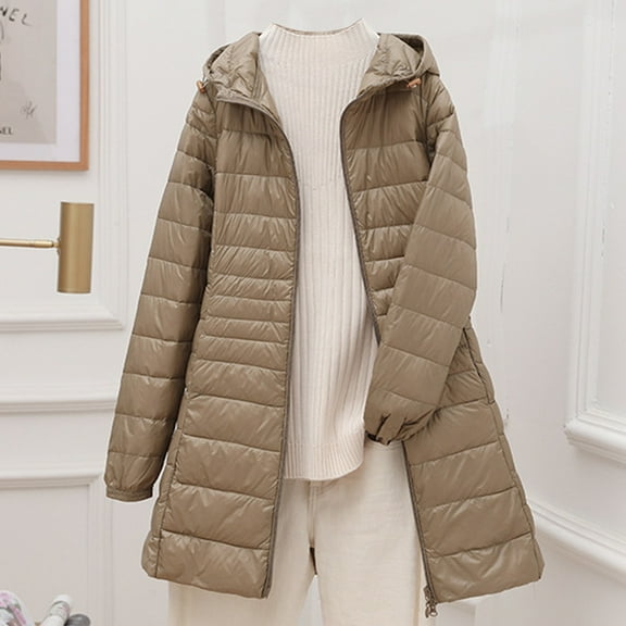 BRGZLK Women Windproof Quilted Coat with Pockets Warm Removable Hooded Plain Jacket Loose Causal Long Sleeves Winter Coat Outerwear Extra Large Size White Duck Down Warm Jacket for Outgoing Holiday