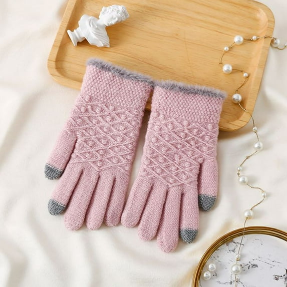 BRGZLK Women Winter Fleece Lined Thickened Solid Color Warm Touchscreen Medium Long Knitting Jacquard Gloves Anti-Slip Outdoor Warmer Glove Pink One Size