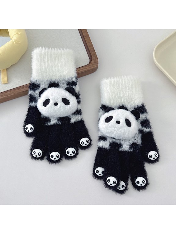 Women Winter Warm Thermal Knitting Cotton Gloves Winter Warm Cute Panda Soft Furry Gloves Elastic Cuff Fashion Casual Cozy Comfy Glove Black One Size