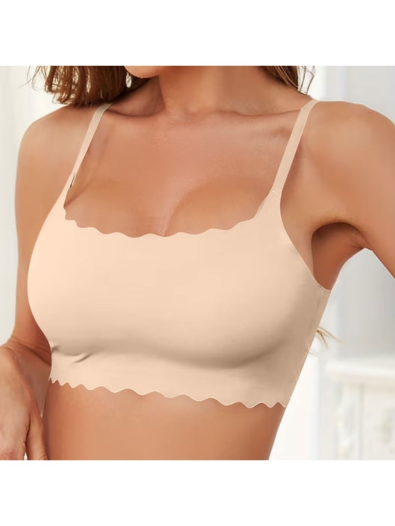 Women Wireless Bra Solid Color Trendy Square Neck Seamless Lingerie Lightweight Soft Comfort Thin Straps Wave Trim Bralette Beige S