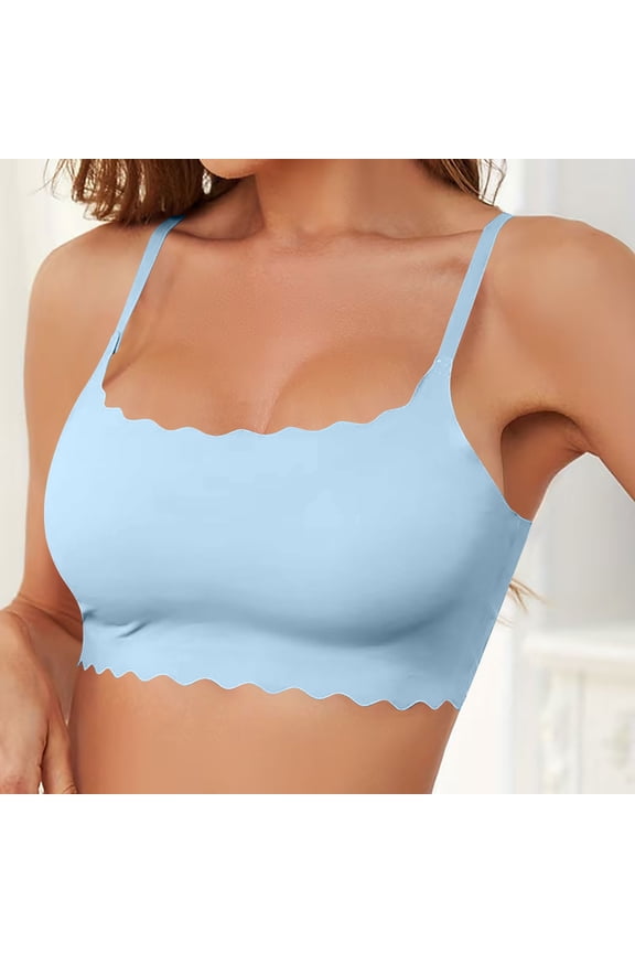 Women Wireless Bra Solid Color Trendy Square Neck Seamless Lingerie Lightweight Soft Comfort Thin Straps Wave Trim Bralette Blue XL
