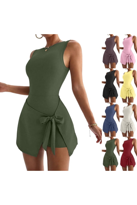 Women Yoga Skirt Summer Sleeveless Bodycon Tie Waist Romper Skort Mini Tennis Athletic Dress Built Shorts Casual Vacation Dress