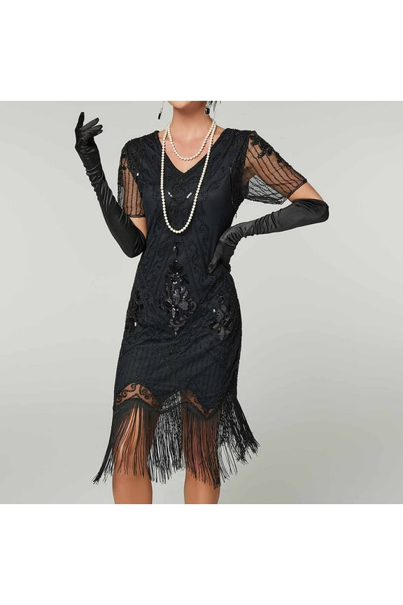 Women's 1920s Art Deco Dresses Trendy Short Sleeve V Neck Sequin Fringe Party Dress A-Line Evening Dress Black XXL