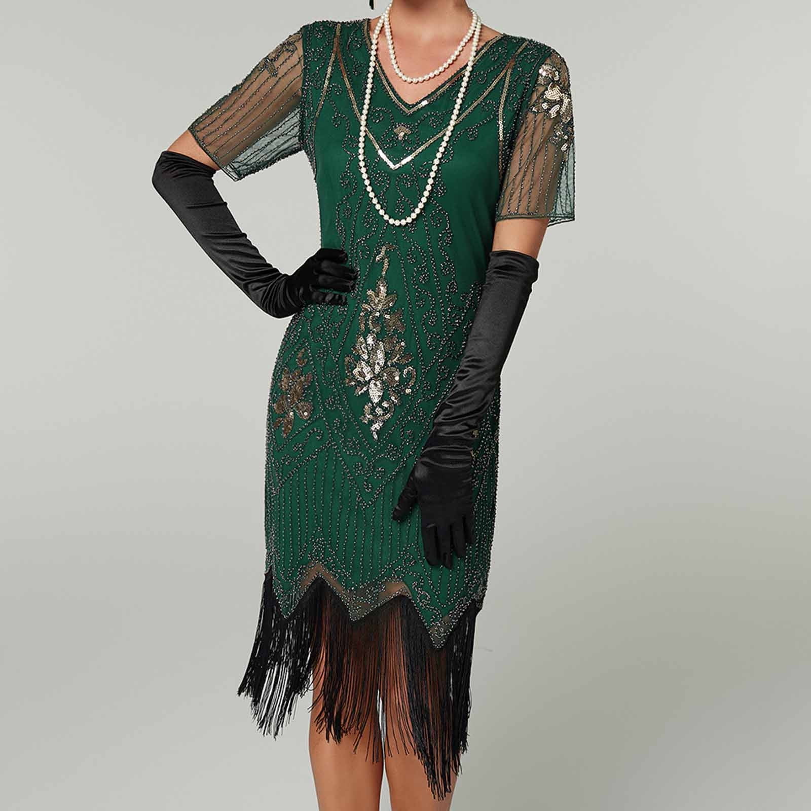 art deco green dress Brgzlk Women's 1920s Art Deco Dresses Trendy Short Sleeve V Neck Sequin Fringe Party Dress A-Line Evening Dress Green M, Size: Medium
