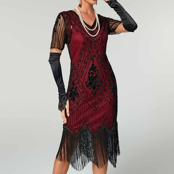 BRGZLK Women's 1920s Art Deco Dresses Trendy Short Sleeve V Neck Sequin Fringe Party Dress A-Line Evening Dress Wine M