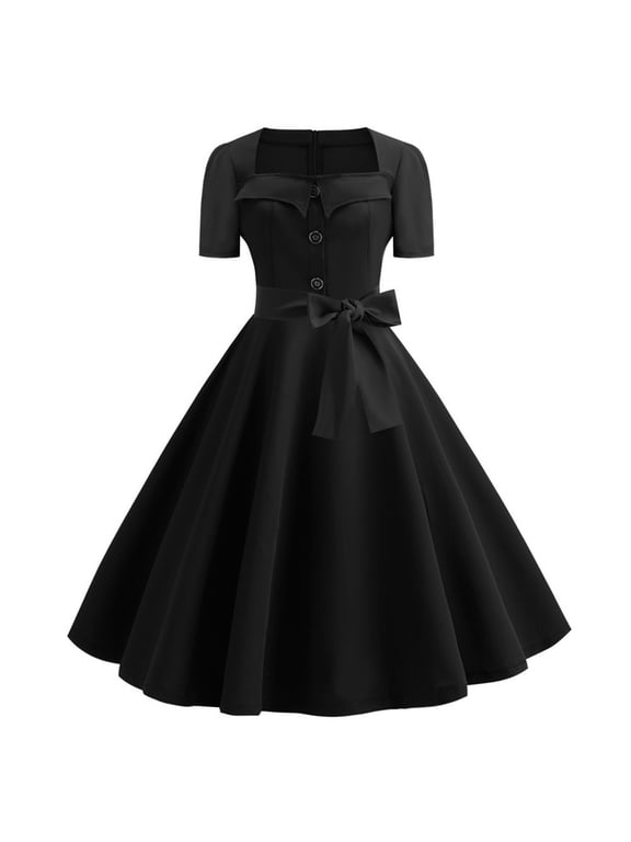 Women's 1950s Dresses Summer Daily Retro Button-Down Solid Color Square Neck Short Sleeve Bow Vintage Cocktail Dresses for Woman Black M