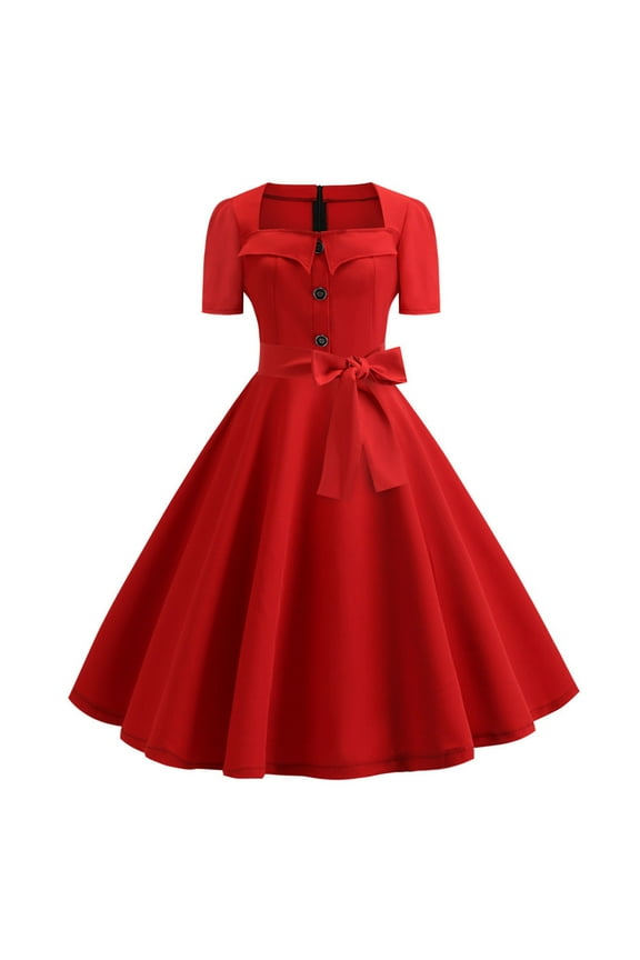 Women's 1950s Dresses Summer Daily Retro Button-Down Solid Color Square Neck Short Sleeve Bow Vintage Cocktail Dresses for Woman Red XXL